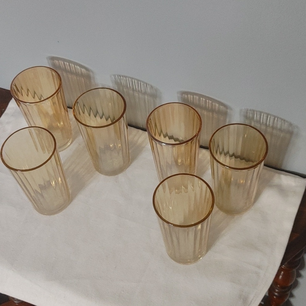 Set of 6 1960 Jeanette Peach Lusterware Gold Color Glasses Carnival Glass